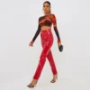 EGO High Asymmetric Waist Straight Leg Trousers In Red Vinyl
