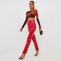 EGO High Asymmetric Waist Straight Leg Trousers In Red Vinyl