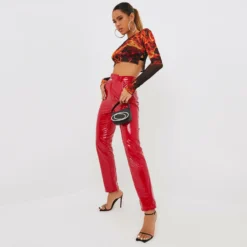 EGO High Asymmetric Waist Straight Leg Trousers In Red Vinyl -EGO Sales Store clh073 rd 4 scaled