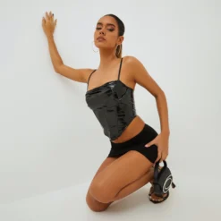 EGO Square Neck Dipped Hem Structured Corset Top In Black Vinyl
