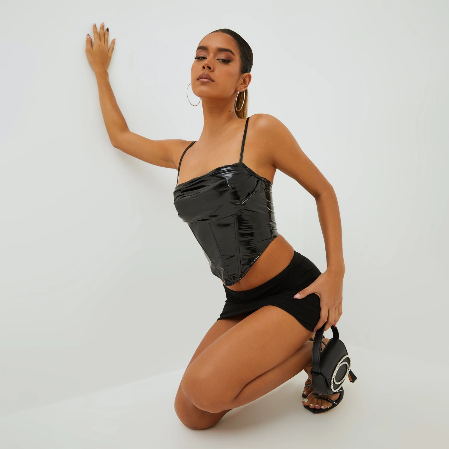 EGO Square Neck Dipped Hem Structured Corset Top In Black Vinyl 1 EGO Square Neck Dipped Hem Structured Corset Top In Black Vinyl