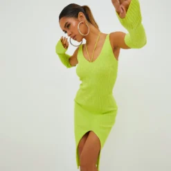 EGO Long Sleeve Strappy Detail Front Split Midi Bodycon Dress In Lime Green Ribbed Knit