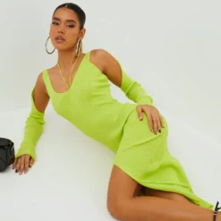 EGO Long Sleeve Strappy Detail Front Split Midi Bodycon Dress In Lime Green Ribbed Knit -EGO Sales Store clh149 lm 4 scaled