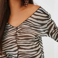 EGO Long Sleeve Split Front Detail Top In Zebra Print Mesh -EGO Sales Store clh189 tp ze 2 scaled
