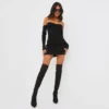 EGO Bardot Long Sleeve Cup Detail Mini Bodycon Dress In Black Ribbed Knit