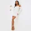 EGO Bardot Long Sleeve Cup Detail Mini Bodycon Dress In Cream Ribbed Knit