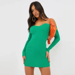 EGO Bardot Long Sleeve Cup Detail Mini Bodycon Dress In Green Ribbed Knit