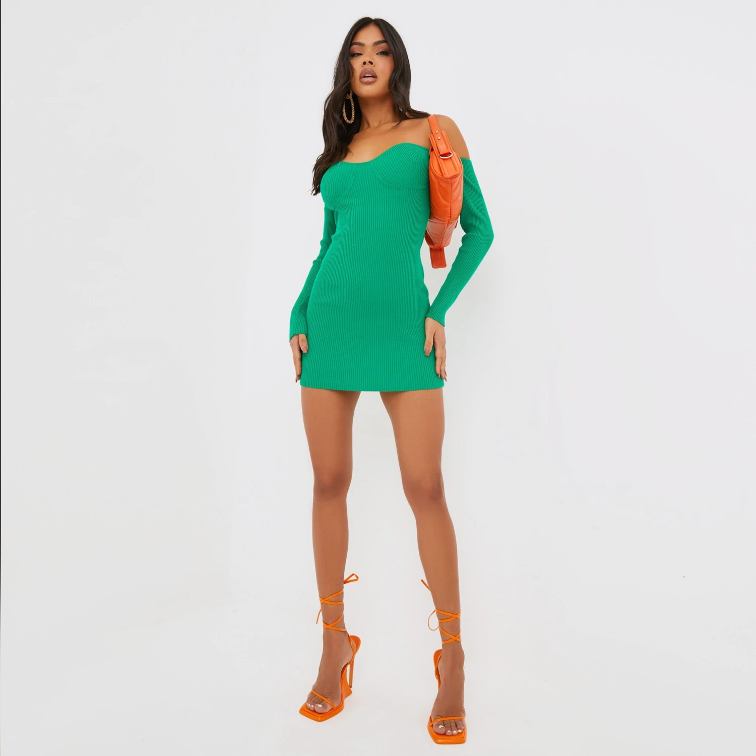 EGO Bardot Long Sleeve Cup Detail Mini Bodycon Dress In Green Ribbed Knit 4 EGO Bardot Long Sleeve Cup Detail Mini Bodycon Dress In Green Ribbed Knit - Image 4