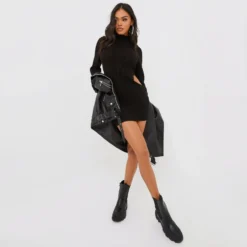 EGO High Neck Long Sleeve Cut Out Detail Mini Bodycon Dress In Black Chunky Cable Knit
