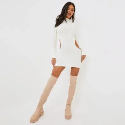 EGO High Neck Long Sleeve Cut Out Detail Mini Bodycon Dress In Ivory Chunky Cable Knit -EGO Sales Store clh288 iv 3 1 scaled