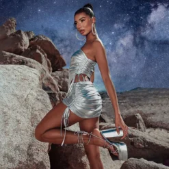 EGO Ruched Side Detail Mini Bodycon Skirt In Silver Metallic -EGO Sales Store la area2356721 rt2 sq scaled