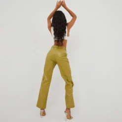 EGO High Waist Pocket Detail Straight Leg Trousers In Olive Green Faux Leather -EGO Sales Store mark on background on the left 3 scaled