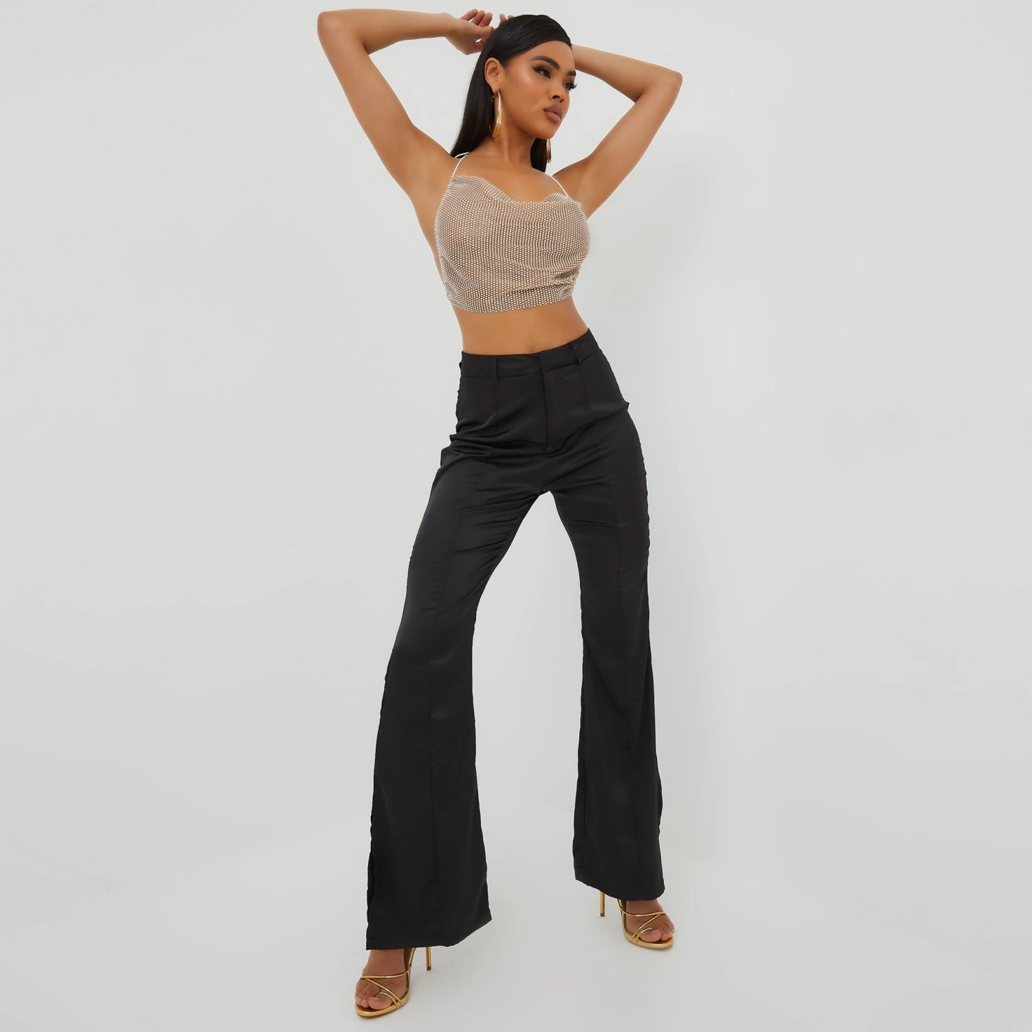 EGO High Waist Split Hem Detail Straight Leg Trousers In Black Satin 1 EGO High Waist Split Hem Detail Straight Leg Trousers In Black Satin