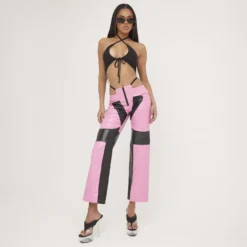 EGO Thong Cut Out Detail Straight Leg Trousers In Pink Multi Faux Leather -EGO Sales Store s scaled