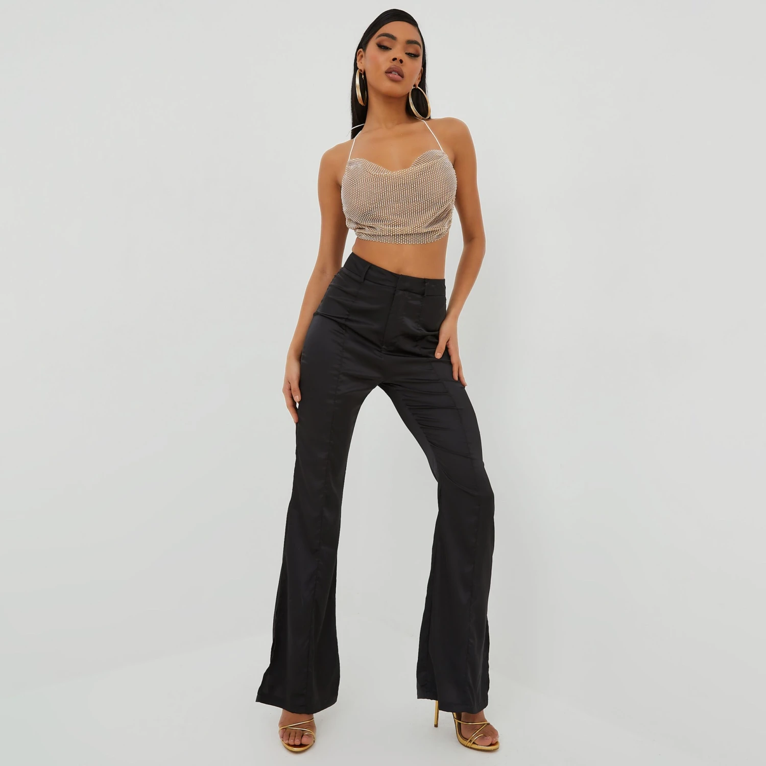 EGO High Waist Split Hem Detail Straight Leg Trousers In Black Satin 4 EGO High Waist Split Hem Detail Straight Leg Trousers In Black Satin - Image 4
